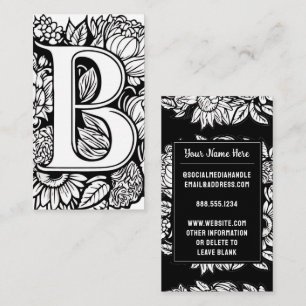 Carte De Visite Lettre monogramme B Fleur florale noire et blanche