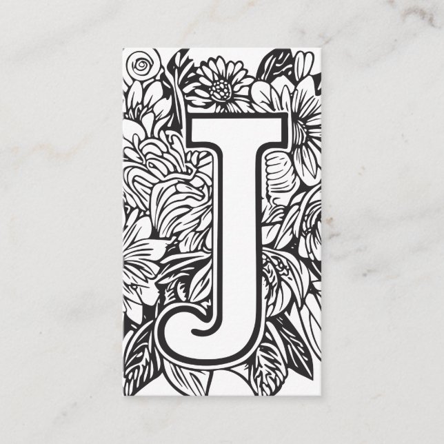 Carte De Visite Lettre monogramme J Simple Floral noir et blanc (Devant)