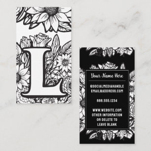 Carte De Visite Lettre monogramme L Fleur florale noire et blanche