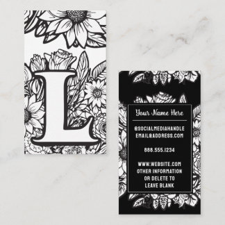 Carte De Visite Lettre monogramme L Fleur florale noire et blanche