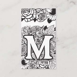 Carte De Visite Lettre monogramme M Simple Floral noir et blanc