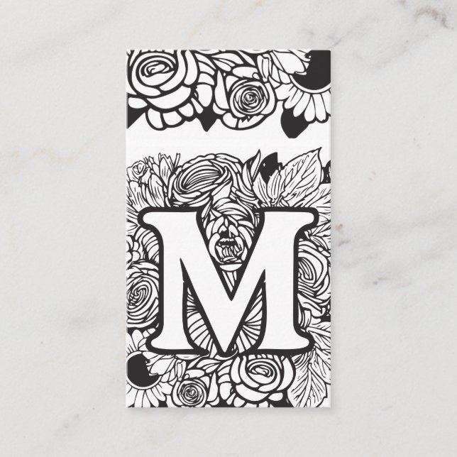 Carte De Visite Lettre monogramme M Simple Floral noir et blanc (Devant)