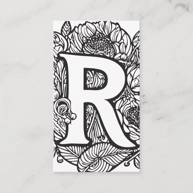 Carte De Visite Lettre monogramme R Simple Floral noir et blanc (Devant)