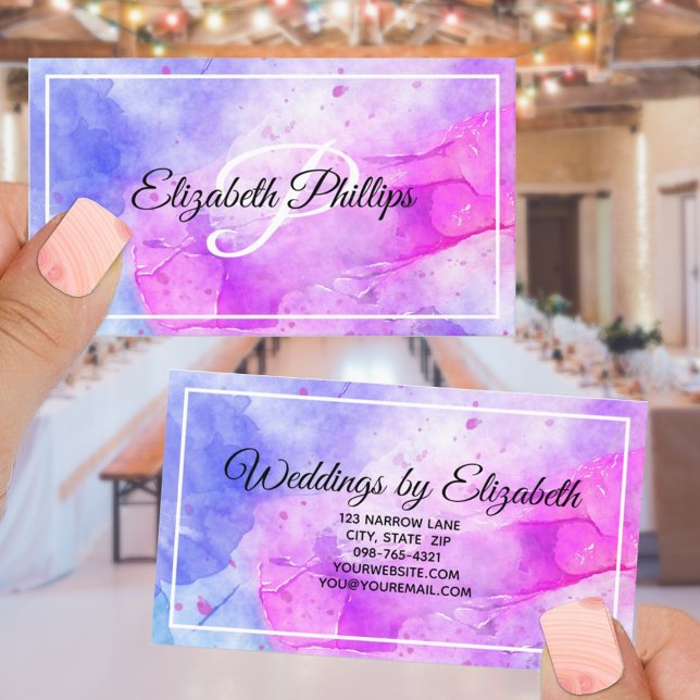 Carte De Visite LETTRE MONOGRAPHIQUE Bleu Violet Aquarelle (Créateur téléchargé)