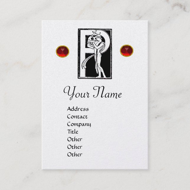 Carte De Visite LETTRE P MONOGRAM, RUBY ROUGE, perle blanche noire (Devant)