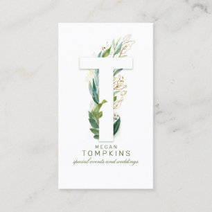 Carte De Visite Lettre T Monogramme Or Verdure Feuille Élégant