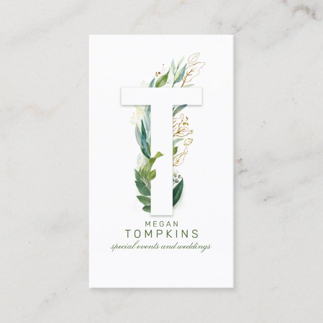 Carte De Visite Lettre T Monogramme Or Verdure Feuille Élégant (Devant)