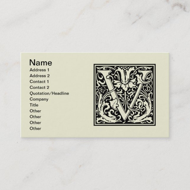 Carte De Visite Lettre V Monogramme Art Nouveau Médiéval (Devant)