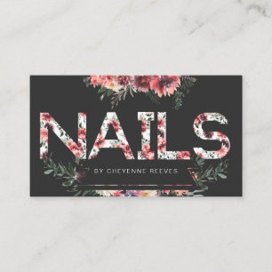 Carte De Visite Lettres Florales Rustiques sur Fond Noir   Ongles