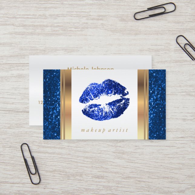 Carte De Visite Lèvres de Parties scintillant bleu clair sur blanc (Devant/Arrière en situation)
