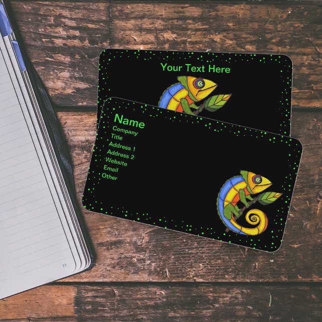 Carte De Visite Lézard coloré clair sur la bordure verte de la por (Colourful fantasy lizard in blue, green,orange, yellow on leaf green dots black business cards.)