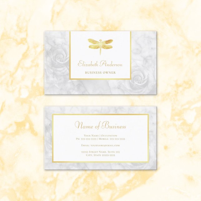 Carte De Visite Libellule dorée Marbre blanc Floral (Elegant Gold Dragonfly White Rose Marble Business Cards)