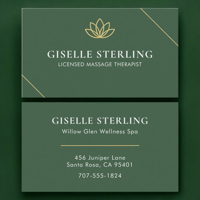 Carte De Visite License Massage Therapist Green Gold (Créateur téléchargé)