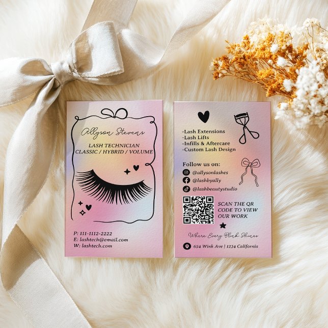 Carte de visite licorne arc-en-ciel holographique  (Holographic rainbow unicorn Lash Tech QR Code Business Card)
