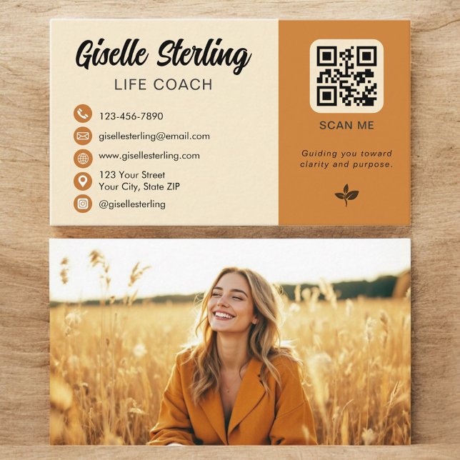 Carte De Visite Life Coach Jaune Orange QR Code Photo (Créateur téléchargé)