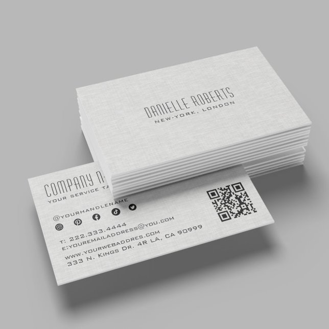 Carte De Visite Light Gray Linen Texture QR Code (Créateur téléchargé)