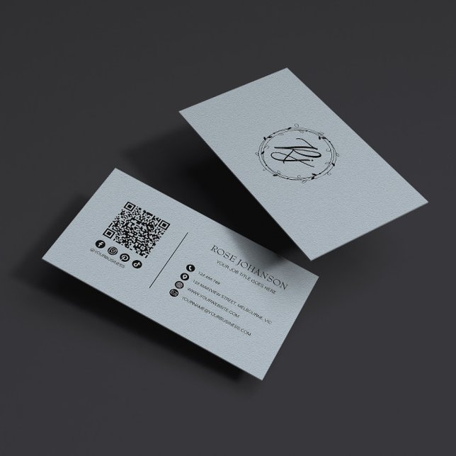 Carte De Visite Light Pastel Blue Monogram QR & Social Media (Créateur téléchargé)