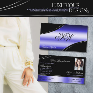 Carte De Visite Lignes courbées bleues brillantes Monogramme et ph