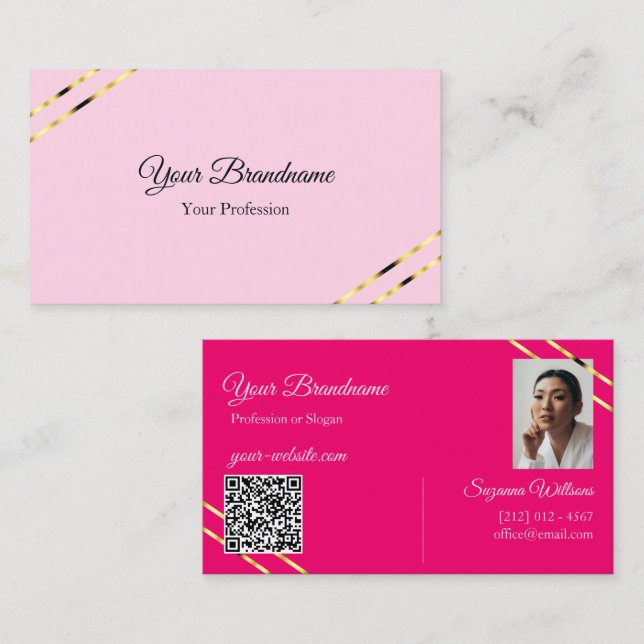 Carte De Visite Lignes dorées roses clair et chaudes avec code QR  (Devant / Derrière)