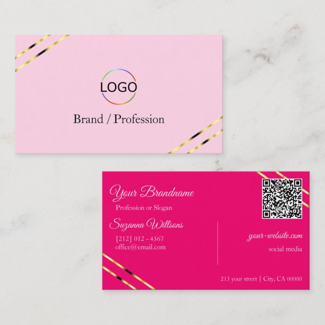 Carte De Visite Lignes dorées roses clair et chaudes avec code QR  (Devant / Derrière)
