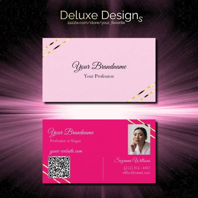 Carte De Visite Lignes dorées roses clair et chaudes avec code QR  (Créateur téléchargé)