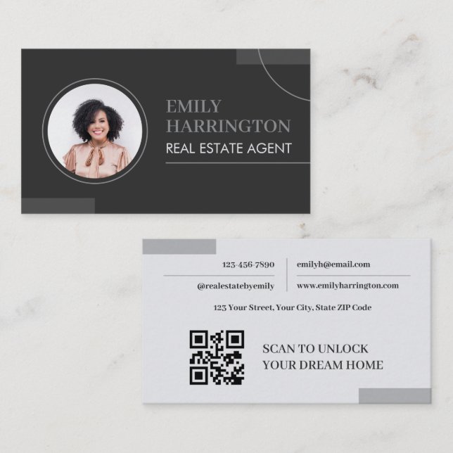 Carte De Visite Lignes fines Photo QR Code Agent immobilier Neutre (Devant / Derrière)
