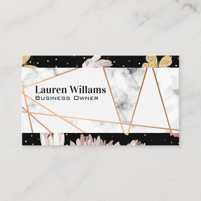 Carte De Visite Lignes Rose Gold | Marbre | Papillon Floral (Devant)