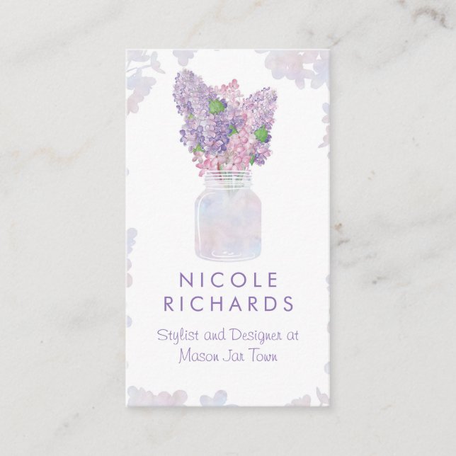 Carte De Visite Lilac Mason Jar Bouquet Floral Aquarelle Élégante (Devant)