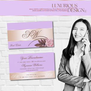 Carte De Visite Lilac Rose or Décor Fleur mignonne avec Monogramme