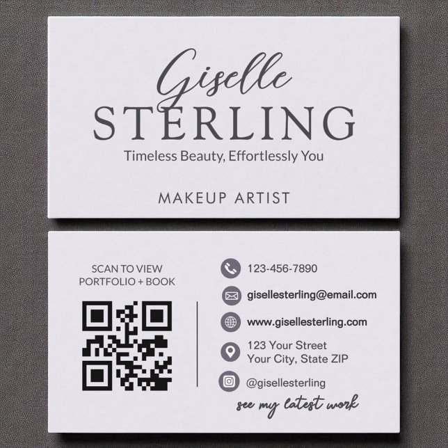 Carte De Visite Lilac violet moderne Script élégant QR Code (Créateur téléchargé)