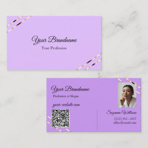 Carte De Visite Lilas Lavande avec Lignes Dorées Rosé Code QR Phot
