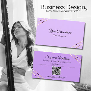 Carte De Visite Lilas Lavande avec lignes dorées rosées et code QR