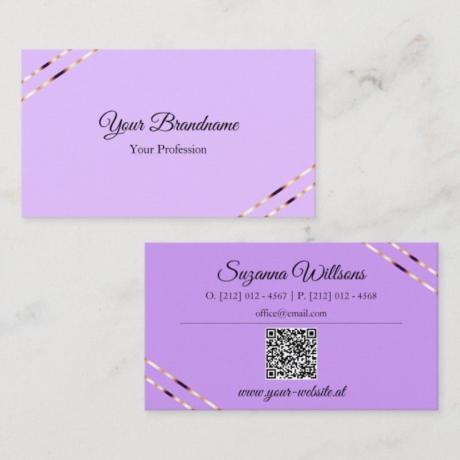 Carte De Visite Lilas Lavande avec lignes dorées rosées et code QR (Devant / Derrière)
