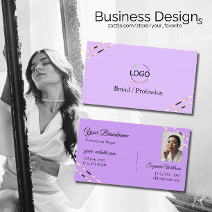 Carte De Visite Lilas Lavande avec logo et photo lignes en or rose
