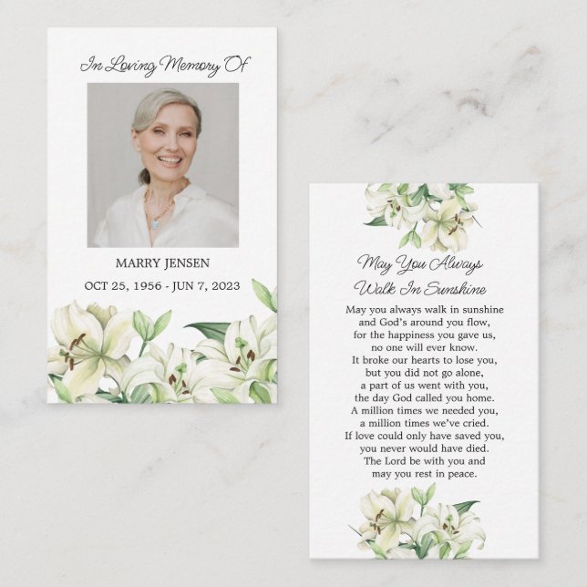 Carte De Visite Lily Memorial Photo Funeral Prayer Card (Devant / Derrière)