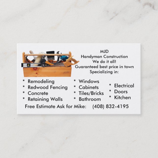 Carte De Visite L'image 2, MJDHandyman ConstructionWe de MJD le (Devant)