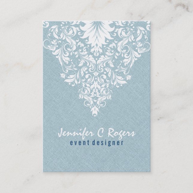 Carte De Visite Lin bleu turquoise Texture dentelle florale blanch (Devant)