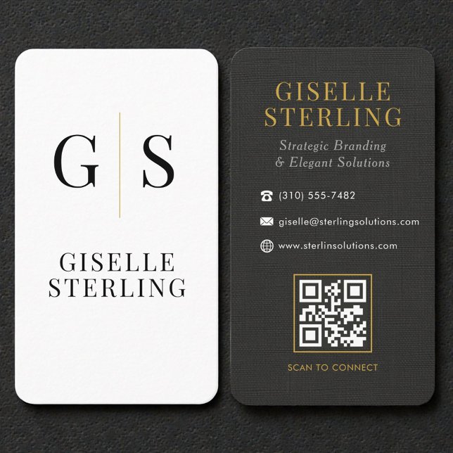 Carte De Visite Linen Black White Gold Monogram QR Code (Créateur téléchargé)