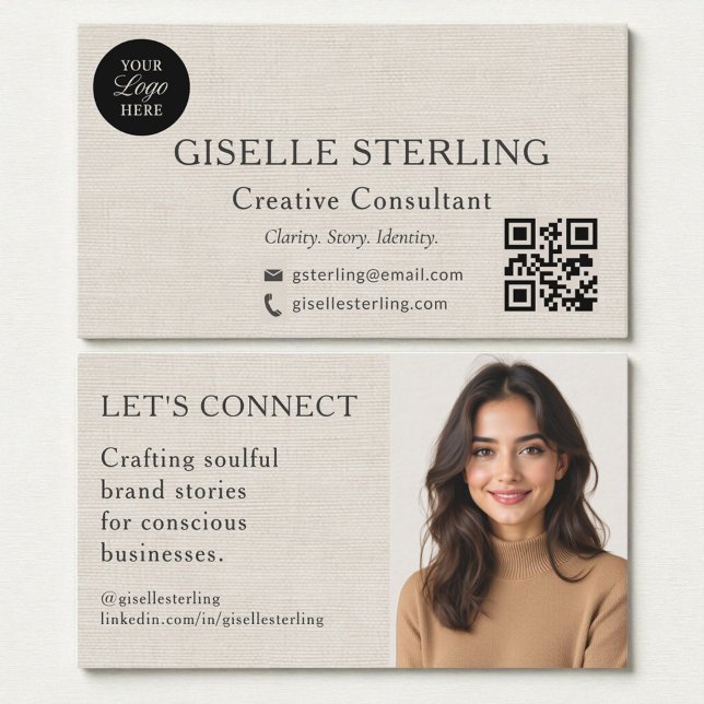 Carte De Visite Linen Modern Minimal Professional Logo Photo (Créateur téléchargé)