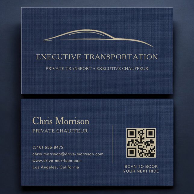 Carte De Visite Linen Transport Car QR Code Navy Blue & Gold (Créateur téléchargé)