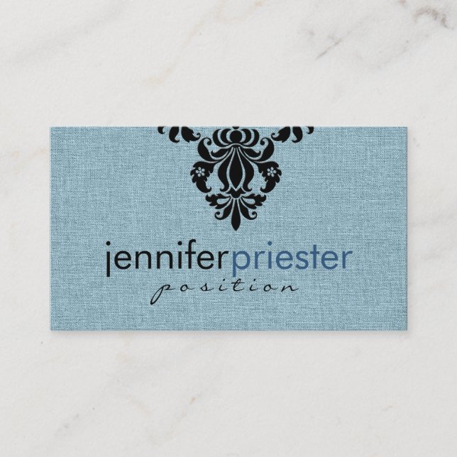 Carte De Visite Linge Bleu Burlap Texture Avec Design Floral Noir (Devant)
