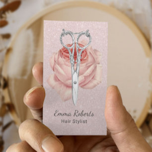 Carte De Visite Liste de cheveux Ciseau Vintage et Fleur Blush Ros