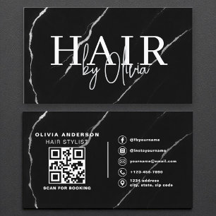 Carte De Visite Liste de cheveux de code QR Marbre noir argent