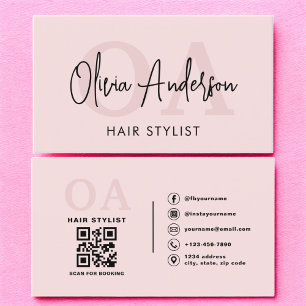 Carte De Visite Liste de cheveux QR Code Monogramme rose pâle