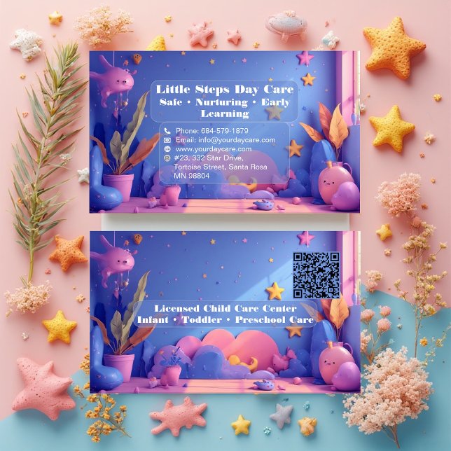 Carte De Visite Little Steps Day Care Code QR Rose Violet Pastel (Little Steps Day Care QR Code Pastel Pink Violet Business Card)