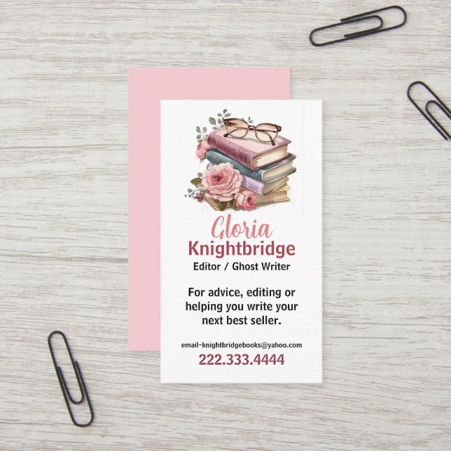 Carte De Visite Livres empilés avec des fleurs (Devant/Arrière en situation)