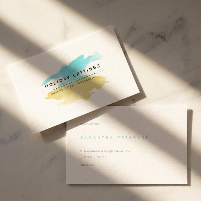 Carte De Visite Locations de vacances, plage, aquarelle (Holiday lettings, beach, watercolor business card.)