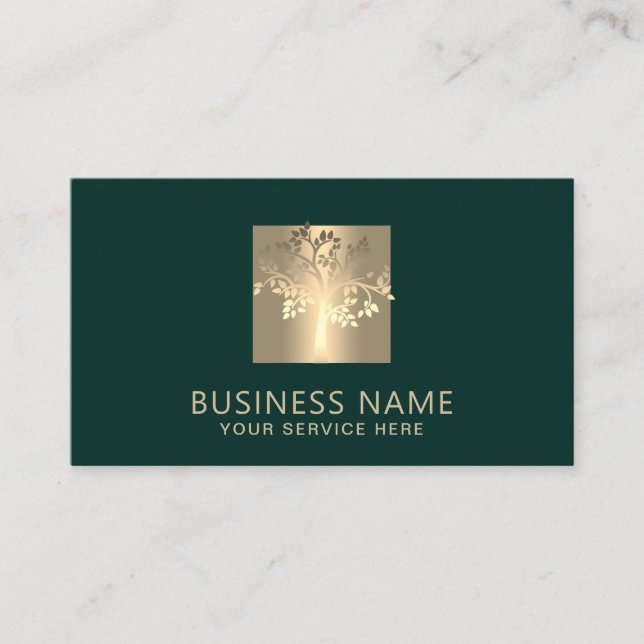 Carte De Visite Logo Arbre Moderne Vert & Or Professionnel (Devant)
