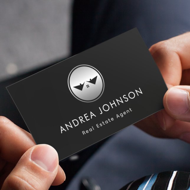 Carte De Visite Logo Argent Immobilier Photo Qr Code Médias sociau (Créateur téléchargé)