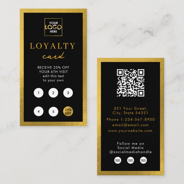 Carte De Visite Logo Black Gold Business Code QR Fidélité (Devant / Derrière)